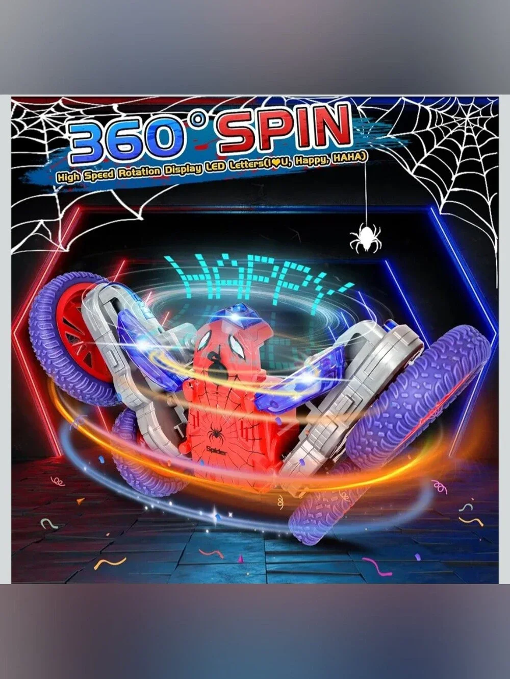 Spider RC Stunt Car - 360° Rotating 4WD Remote Control Toy with Lights & Spray,